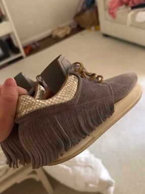 Suede Fringe Women's Sneaker - Taupe with Gold Accent